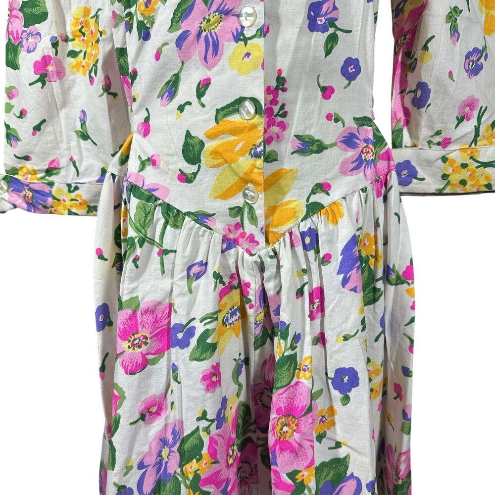 Vtg 80s Cottagecore White Pink Floral Midi Dress Drop Waist Shoulder Pads Sz 12 - Picture 5 of 11